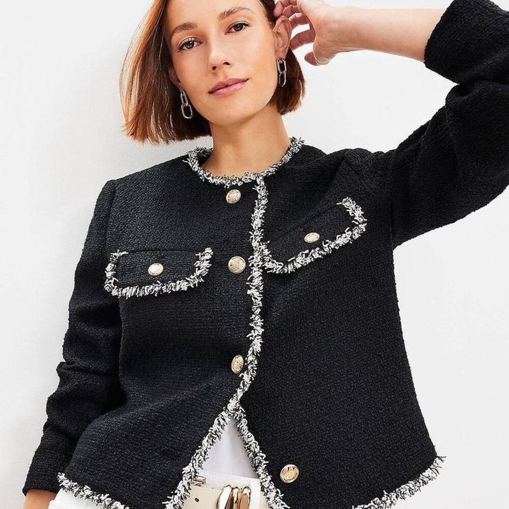 Black & white tweed jacket with gold details #tweed #formal